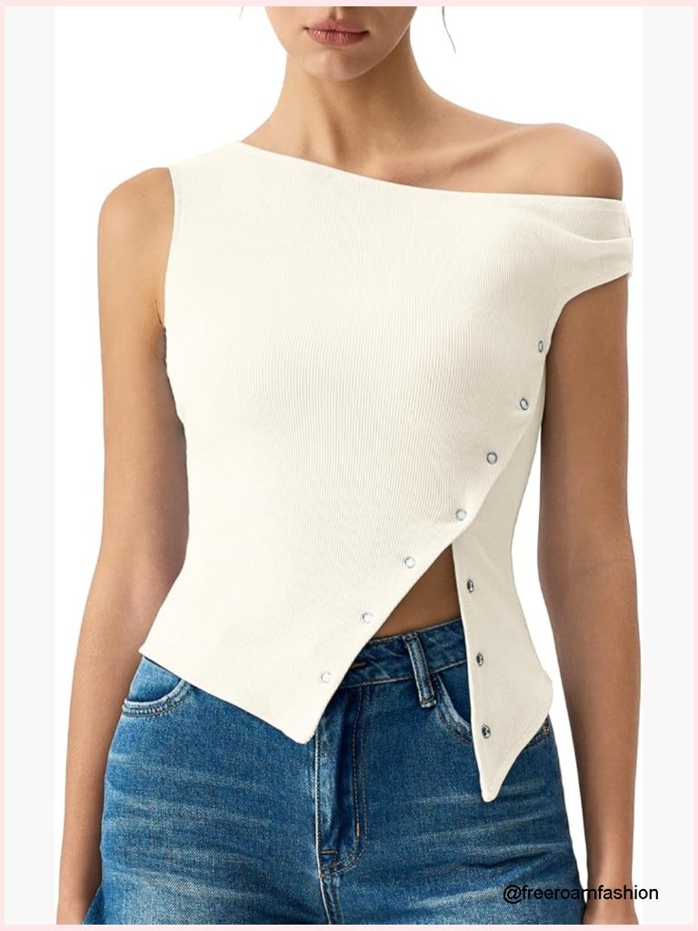 Off Shoulder Asymmetrical Crop Tank Top Y2k